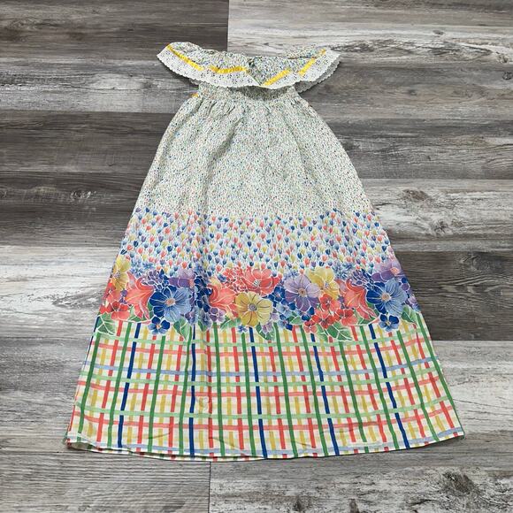 Vintage Kate Greenaway White Green Blue 6 Off-Shoulder Floral Boho Smocked Dress - Picture 3 of 9